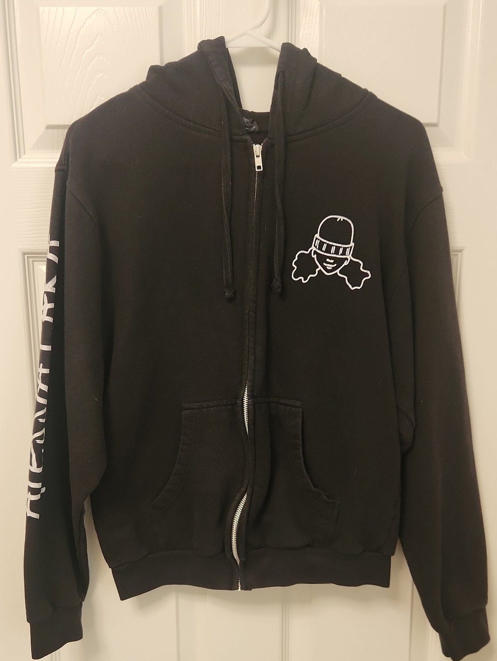 Vintage Black Zip Hoodie with White Graphic - Women's Sweater